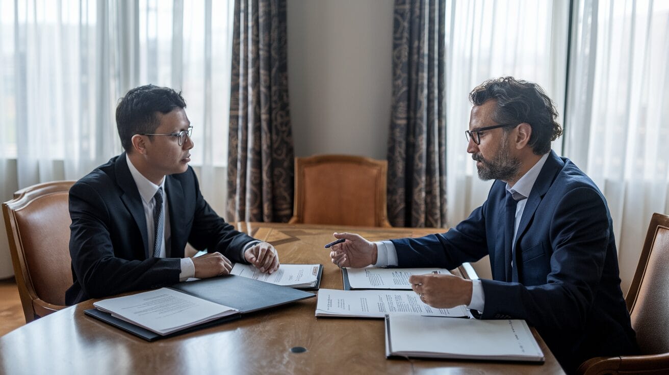 Producer in Los Angeles discussing film completion bond paperwork with a guarantor.