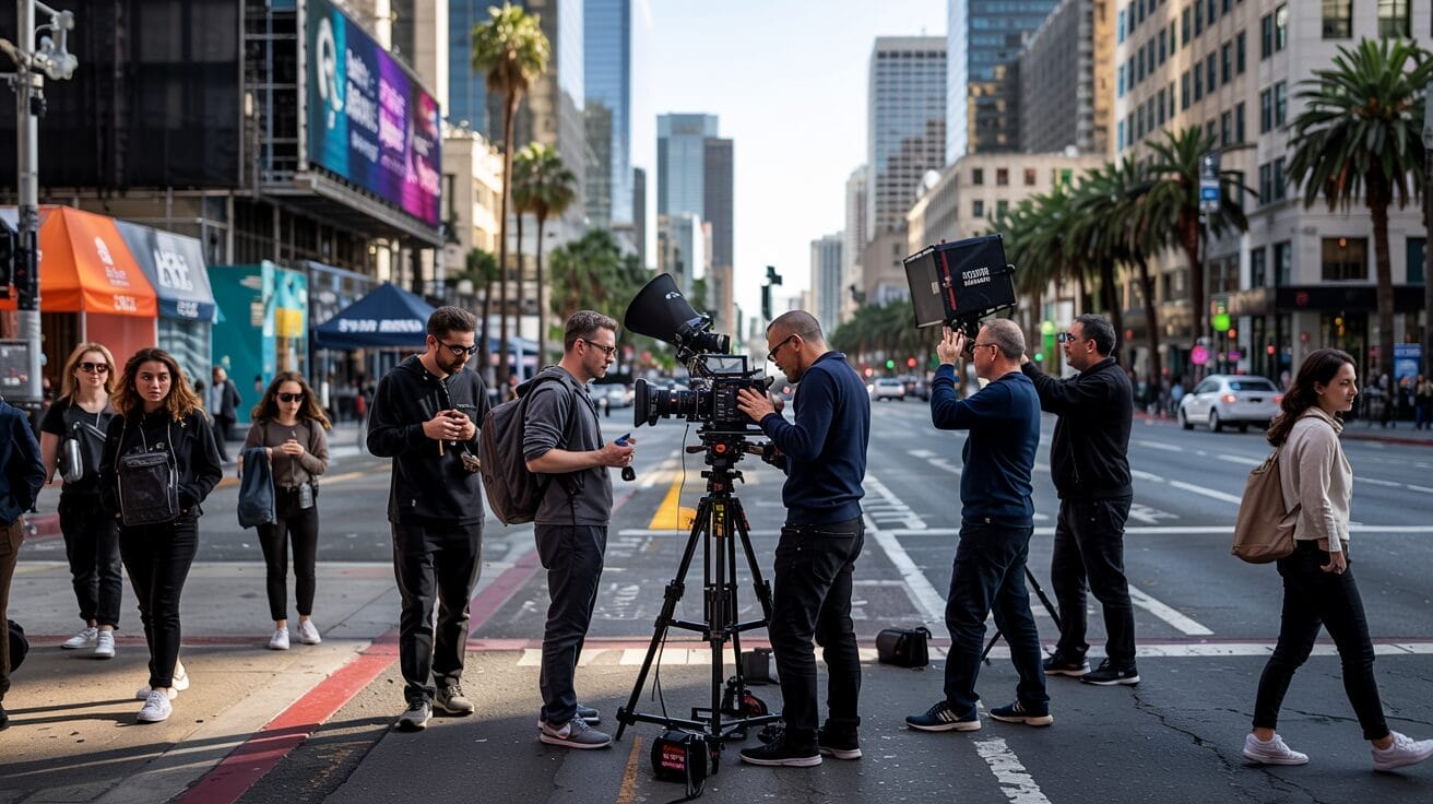 Film crew recording legally in public in downtown Los Angeles